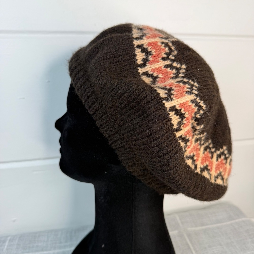 Vintage Zwicker Brown Fair Isle Knit Beret Slouchy Geometric Hat Y2K 90s Fall